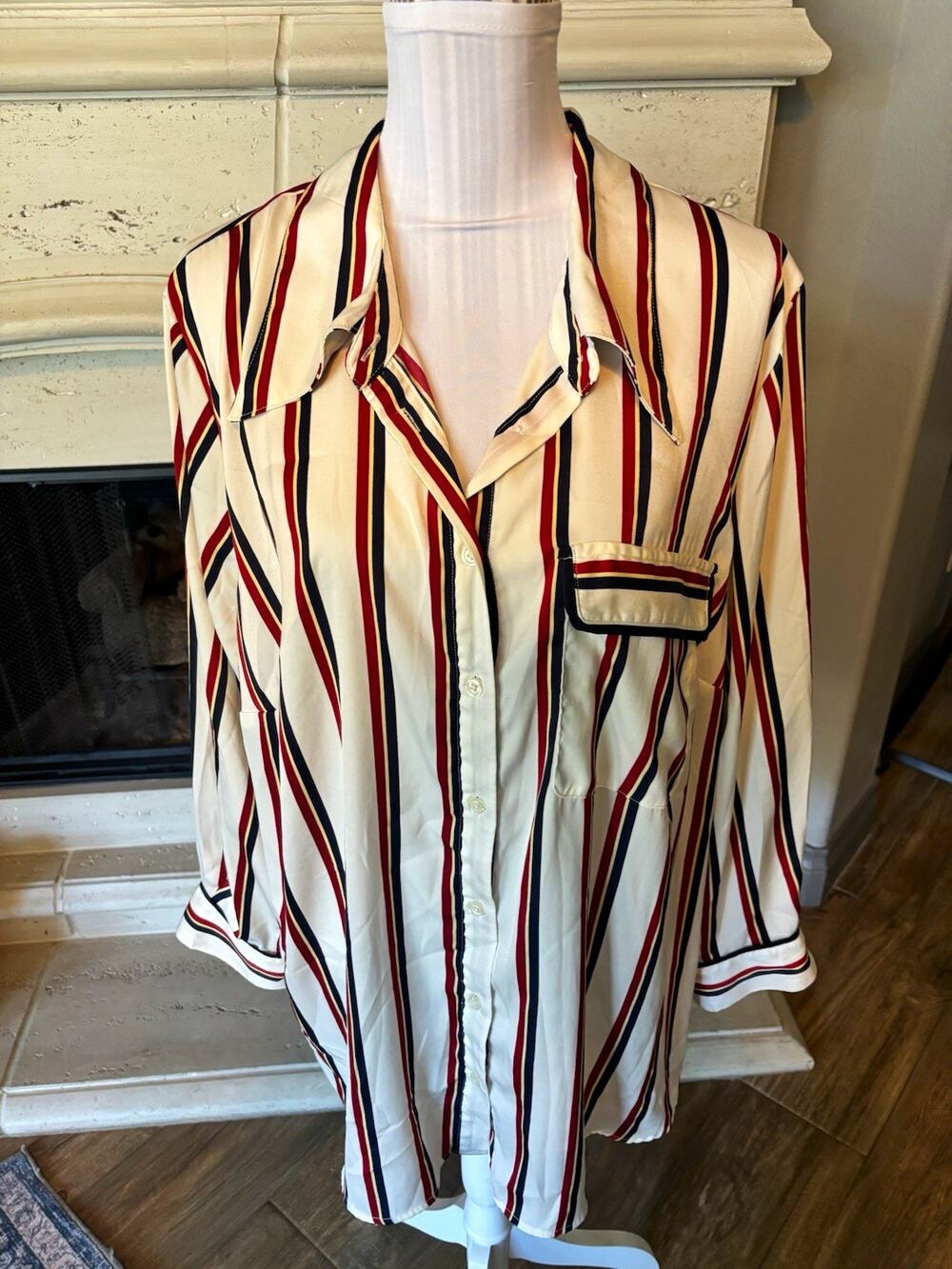 Future Collective Cream Red Navy Striped Collared Button-Up Blouse Size 2X